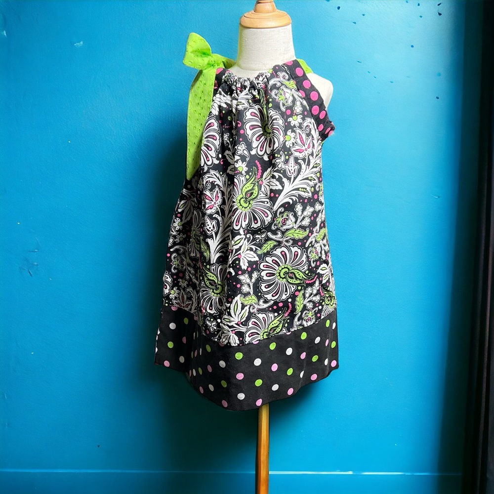 Three year old, handmade, polkadot and floral pillowcase dress.